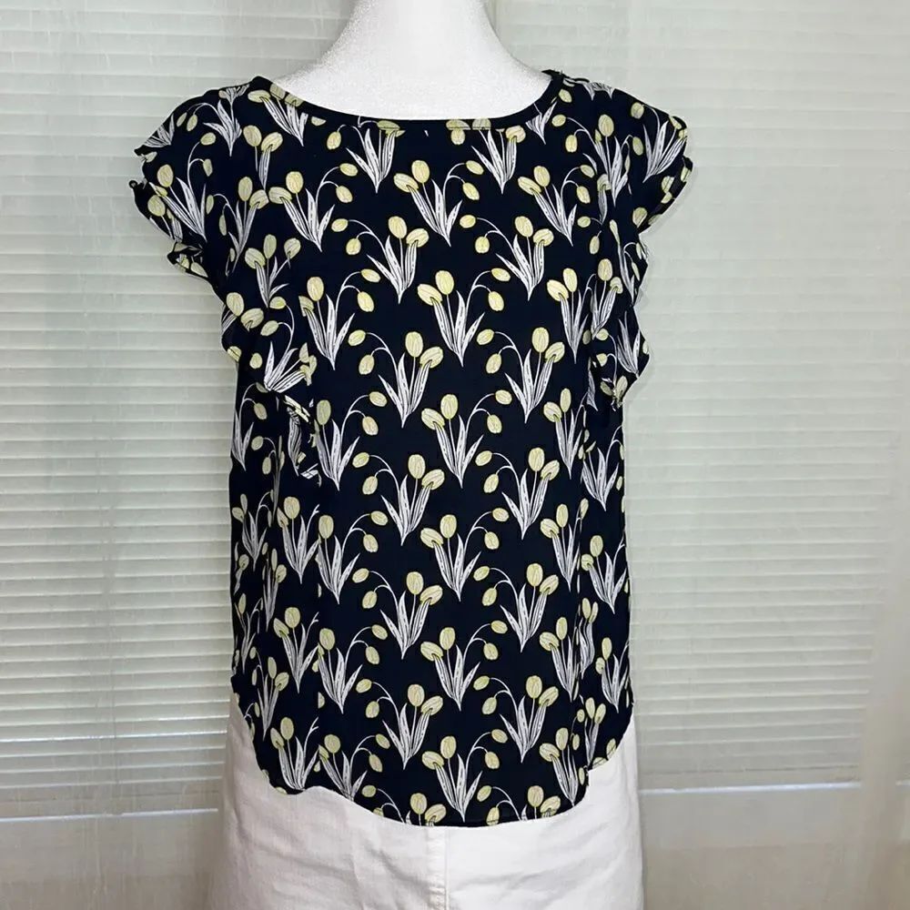 LOFT SP Navy Lime Green White Tulips Ruffle Detail Knit Poly Sleeveless Blouse
